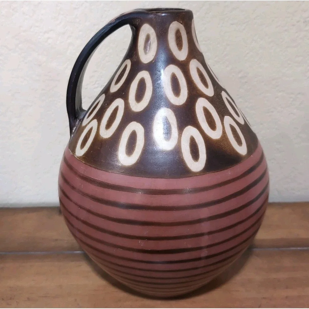 VTG Alex Calle Pottery‎ Jug Vase Signed Brown Geometric Modernist Peru Folk Art